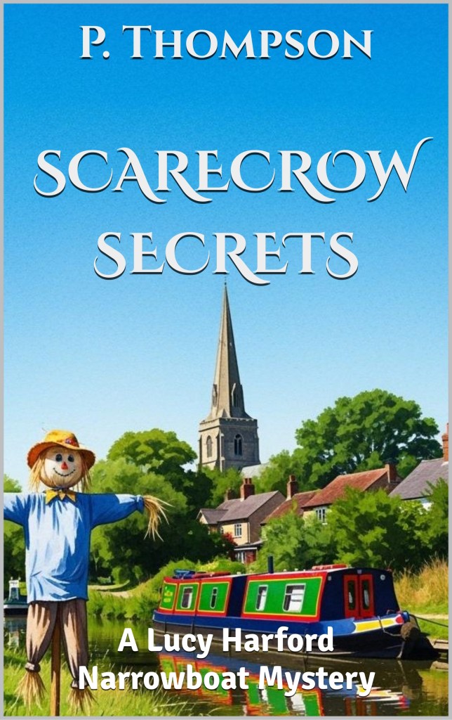 Cozy Scarecrow Secrets book cover showing a scarecrow, canal, colourful English narrowboat with village and church beyond.