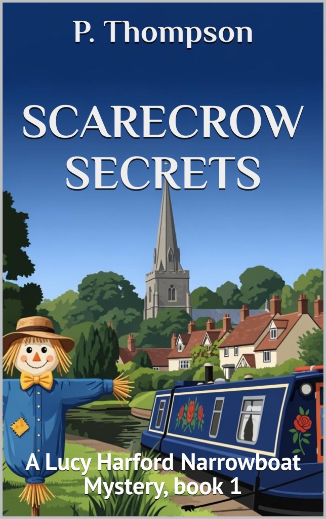 A whimsical scarecrow beside a canal with a narrowboat moored alongside. In the background is an idyllic English village with houses and church