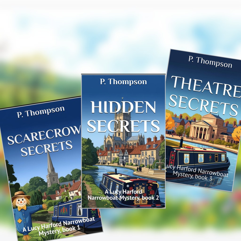cover images from three books in this cozy mystery series - Scarecrow Secrets, HIdden Secrets and Theatre Secrets