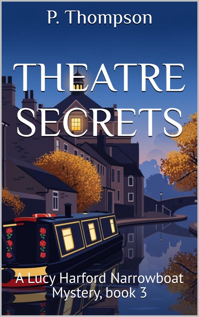 A canal with narrowboat in the autumn light is moored near a small town with a theatre