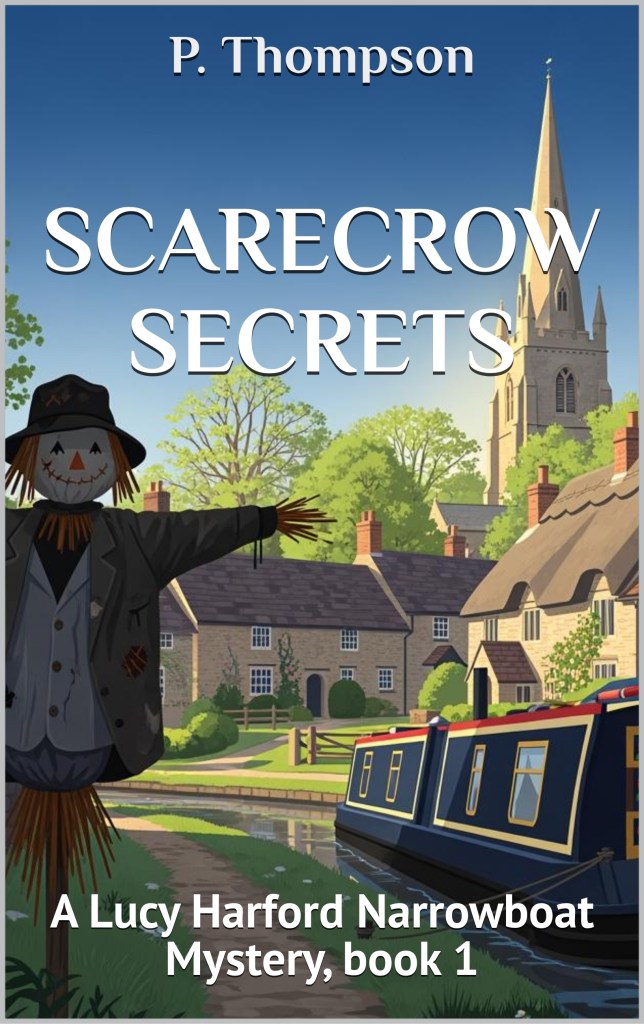 A scarecrow, canal and narrowboat with an English village in the background