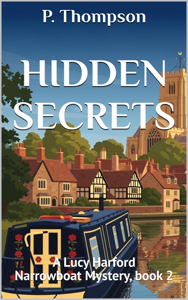 A narrowboat on a canal is near an idyllic English small town with an Abbey tower